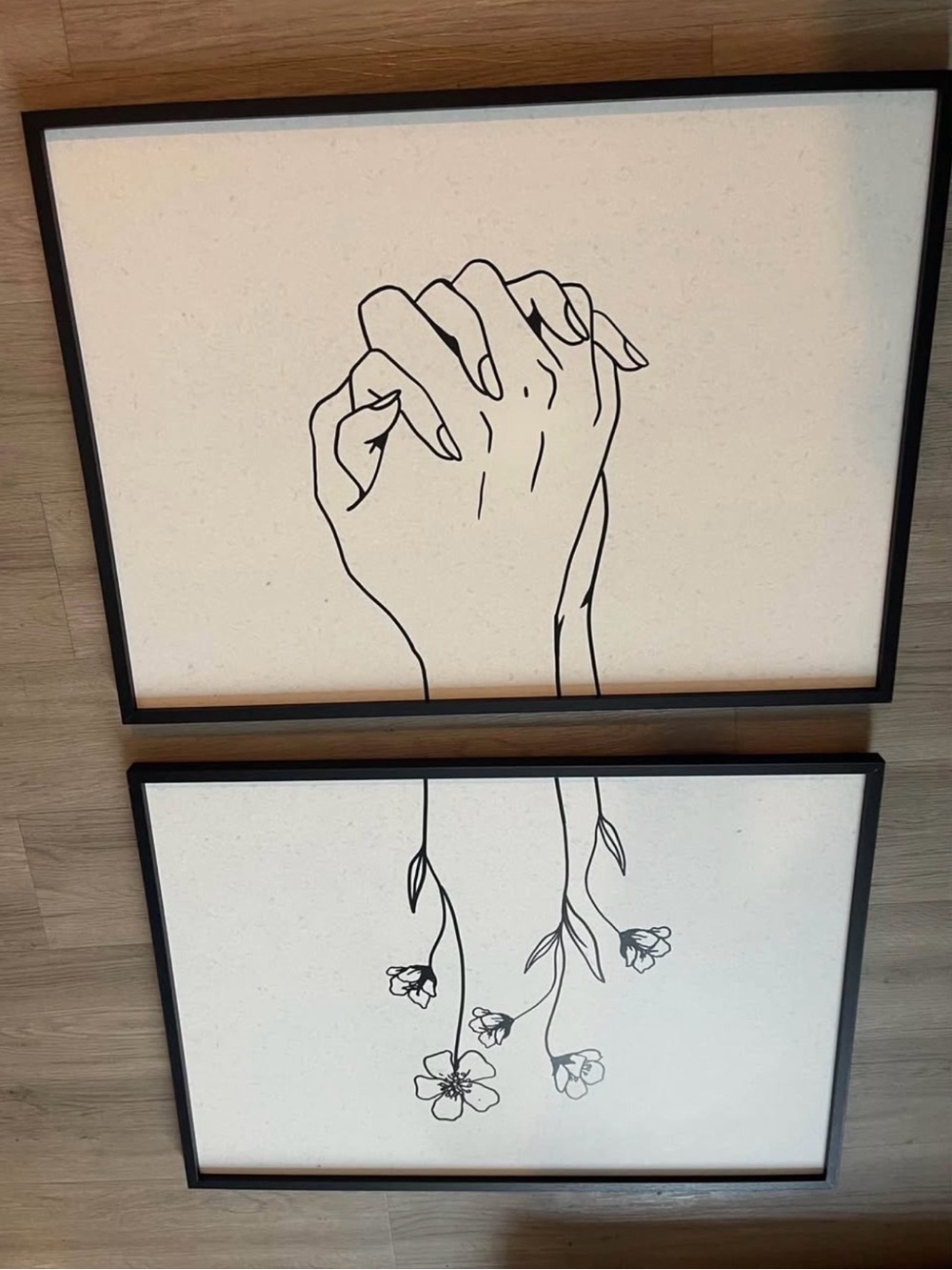 Minimalist Hand & Floral Line Art Wall Prints - Black on Cream (Set of 2)